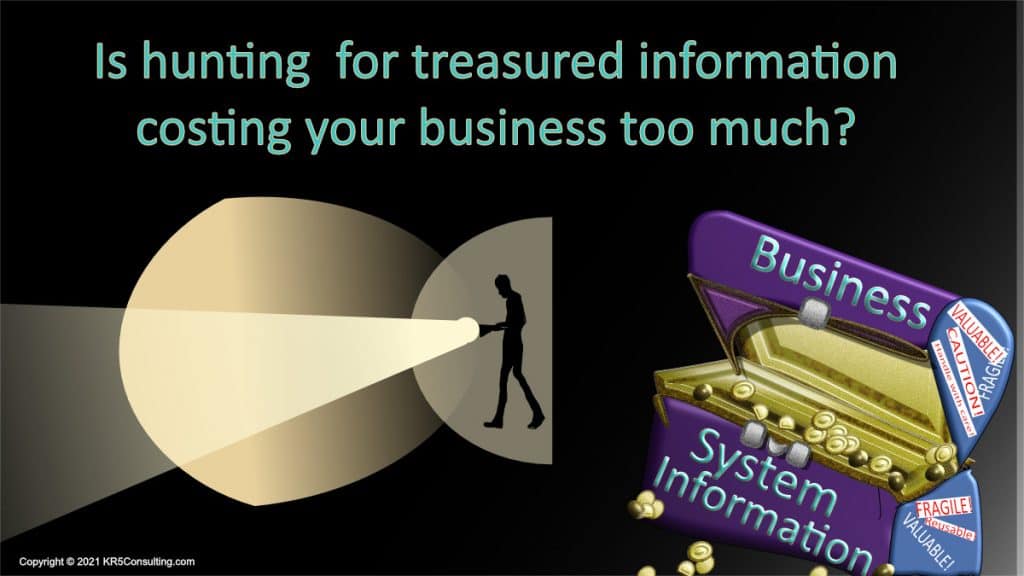 Is hunting for treasured information costing your business too much? Picture shows a man with a torch searching in the dark. Invisible to him is a treasure chest with the label "Business System Information"