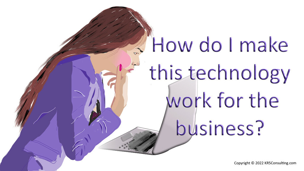 A worried women wanting to improve the business and looking at a computer wondering "How do I make this technology work for the business"